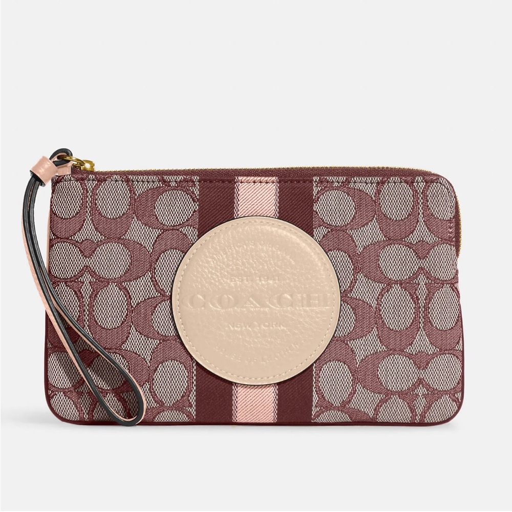 Dempsey Large Corner Zip Wristlet in Signature Jacquard w/ Stripe & Coach Patch